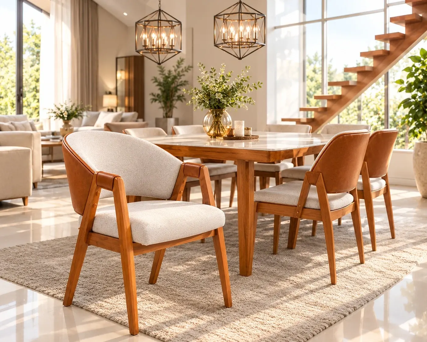 Cadeiras estofadas ao redor de uma mesa de jantar.