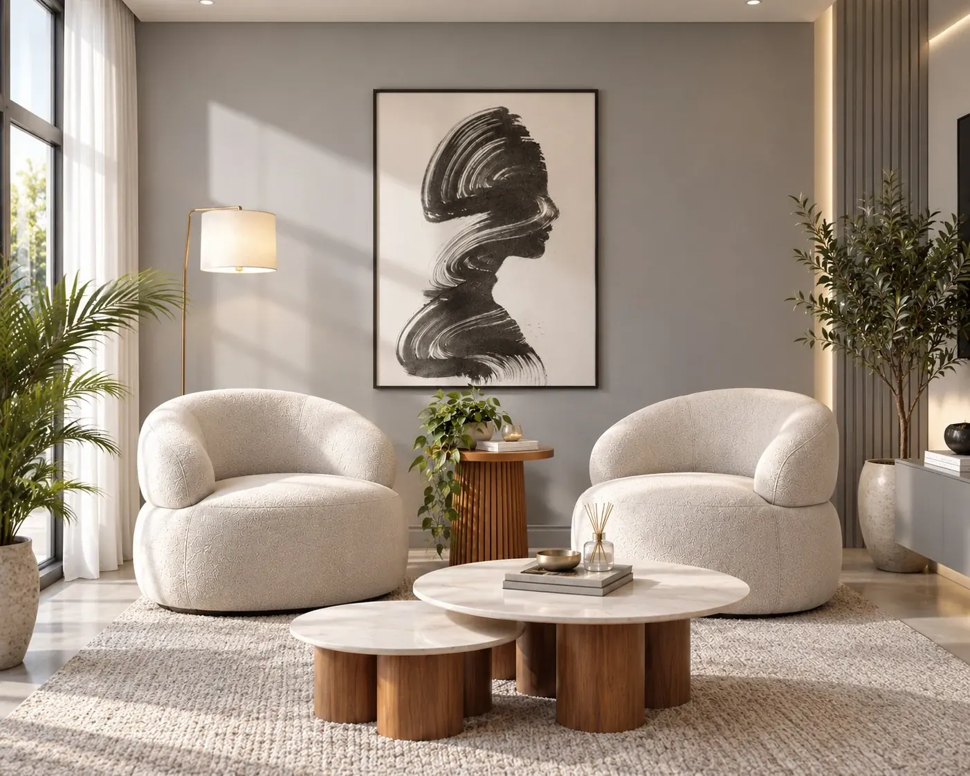 Poltronas claras arredondadas em uma sala acolhedora.