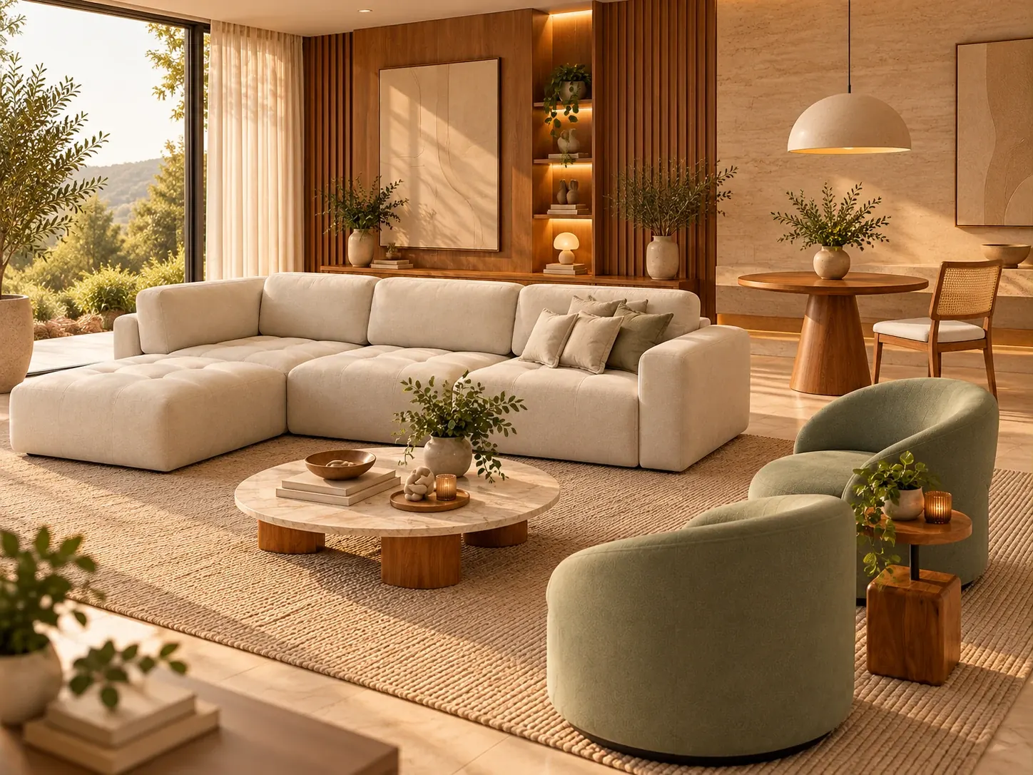 Sala integrada com sofá claro, poltronas verdes e mesa de jantar.