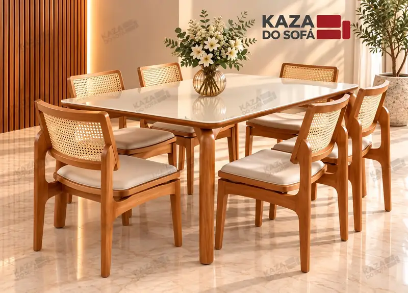 Mesa Alpha com tampo claro e cadeiras de madeira.